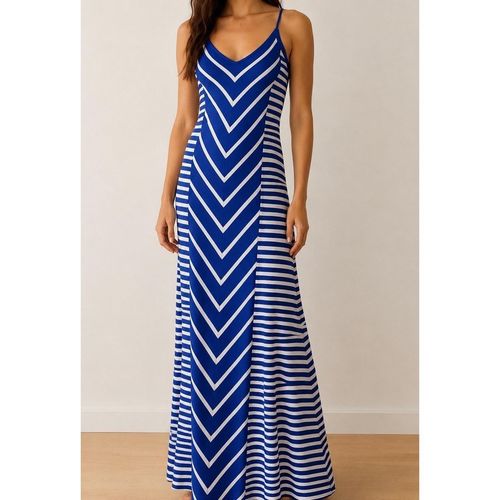 Vintage GUESS 90s Y2K Striped Maxi Dress Blue White Chevron Stretch Tank Dress S